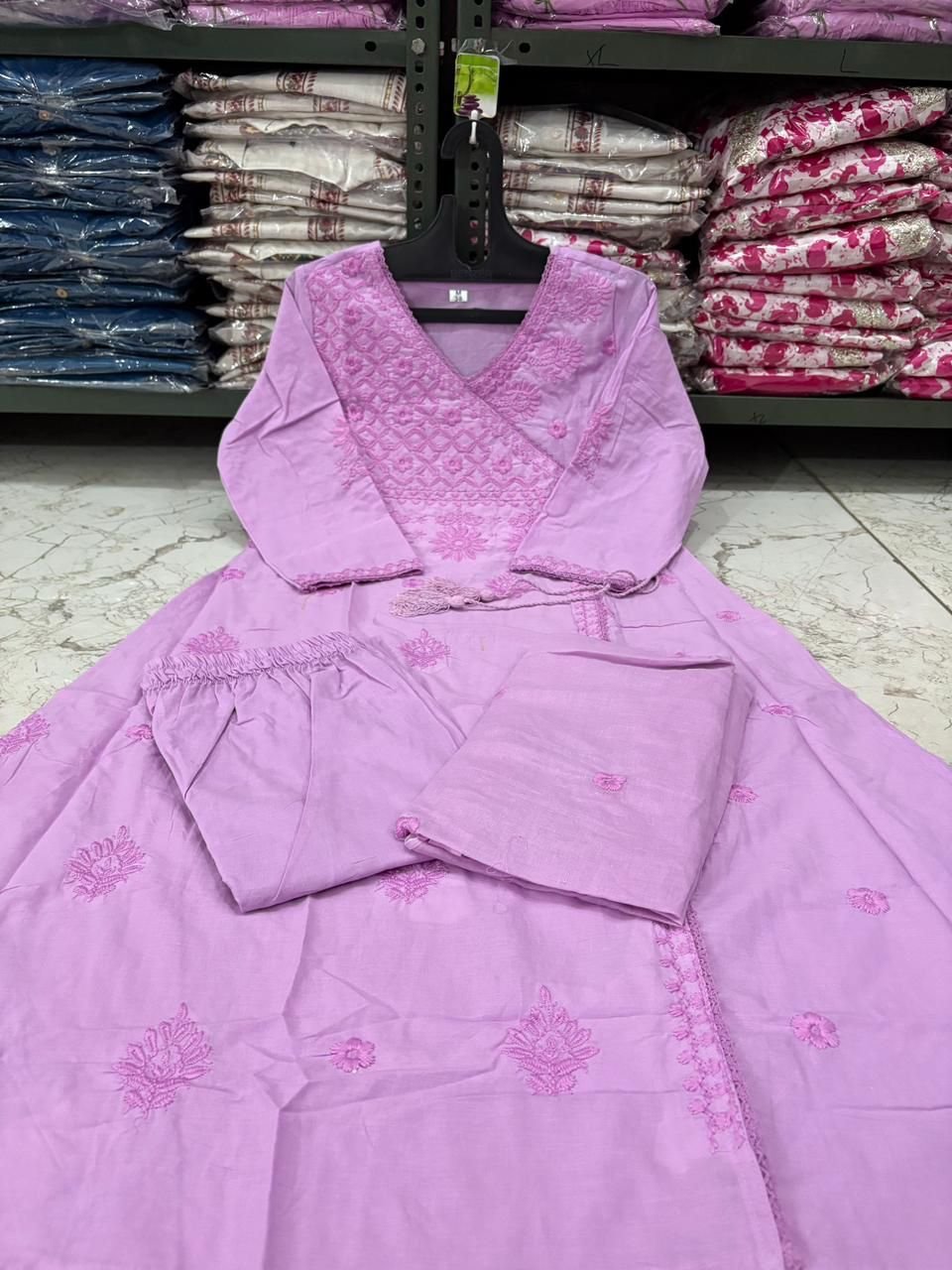 Pink Cotton Chikankari Angrakha Set